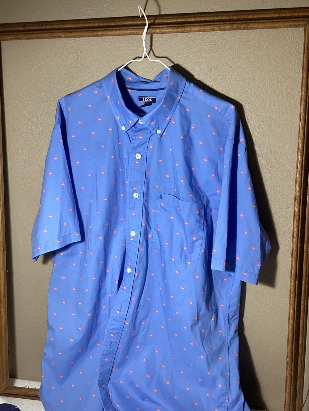 Izod Light Blue Short-Sleeve Button-Down with Coral Flamingos